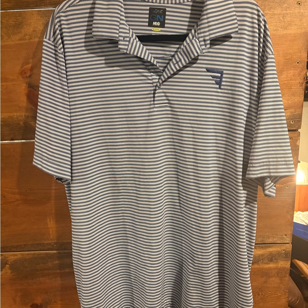 Greg Norman Collection Navy and White Striped Polo